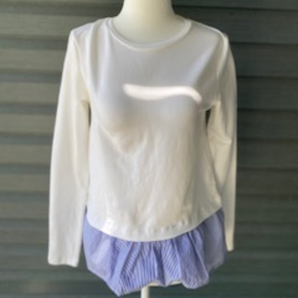 White Sweater with Blue Striped Trim